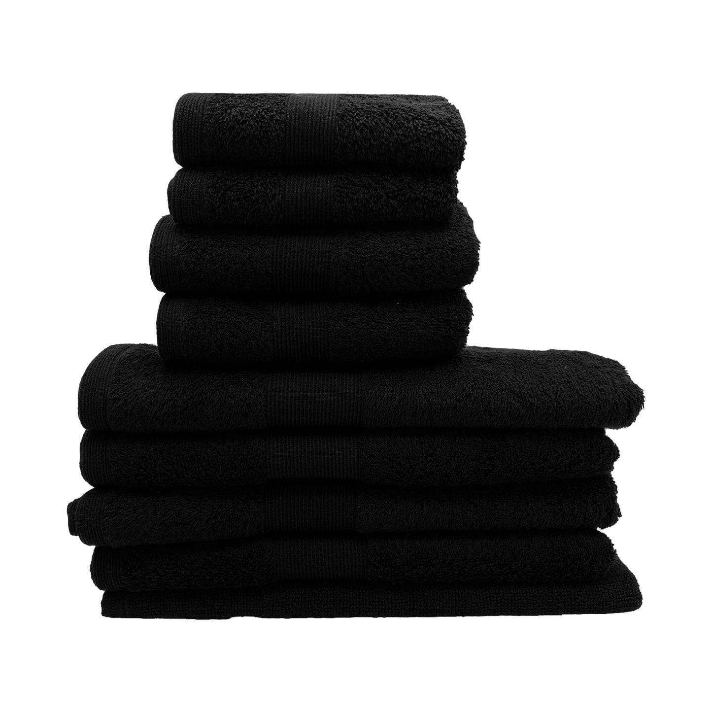 A stack of black Egyptian cotton towels of various sizes.