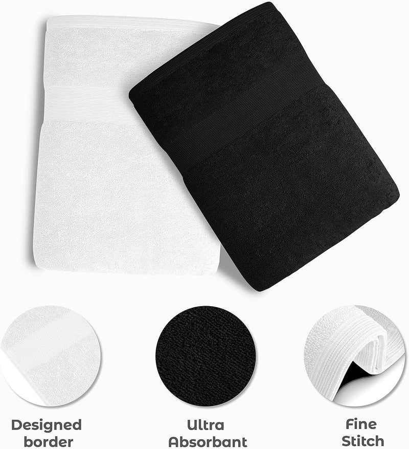 GABA 2PCS Large Bath Sheets, 100% Cotton Towels, 70 x 140 cm,  Soft Bath Towels, Egyptian Cotton & Super Absorbent, Quick Dry, Perfect Bathroom Towels for Daily Use (Black /White)