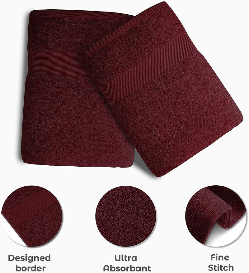 GABA 2PCS Large Bath Sheets, 100% Cotton Towels, 70 x 140 cm,  Soft Bath Towels, Egyptian Cotton Super Absorbent, Quick Dry, Perfect Bathroom Towels for Daily Use (Burgundy)