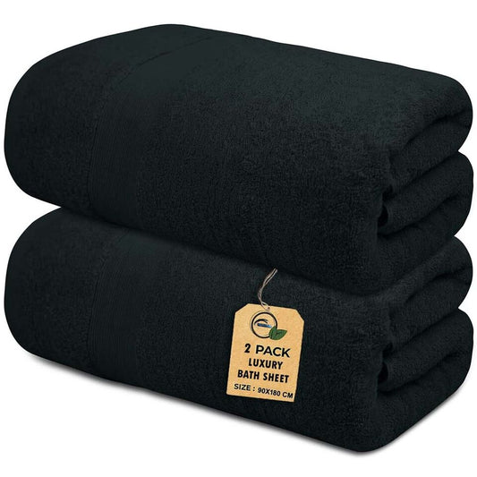 2xBlack Extra Large Jumbo Bath Sheets 100% Cotton 600GSM Towels set 90 x 180 cm